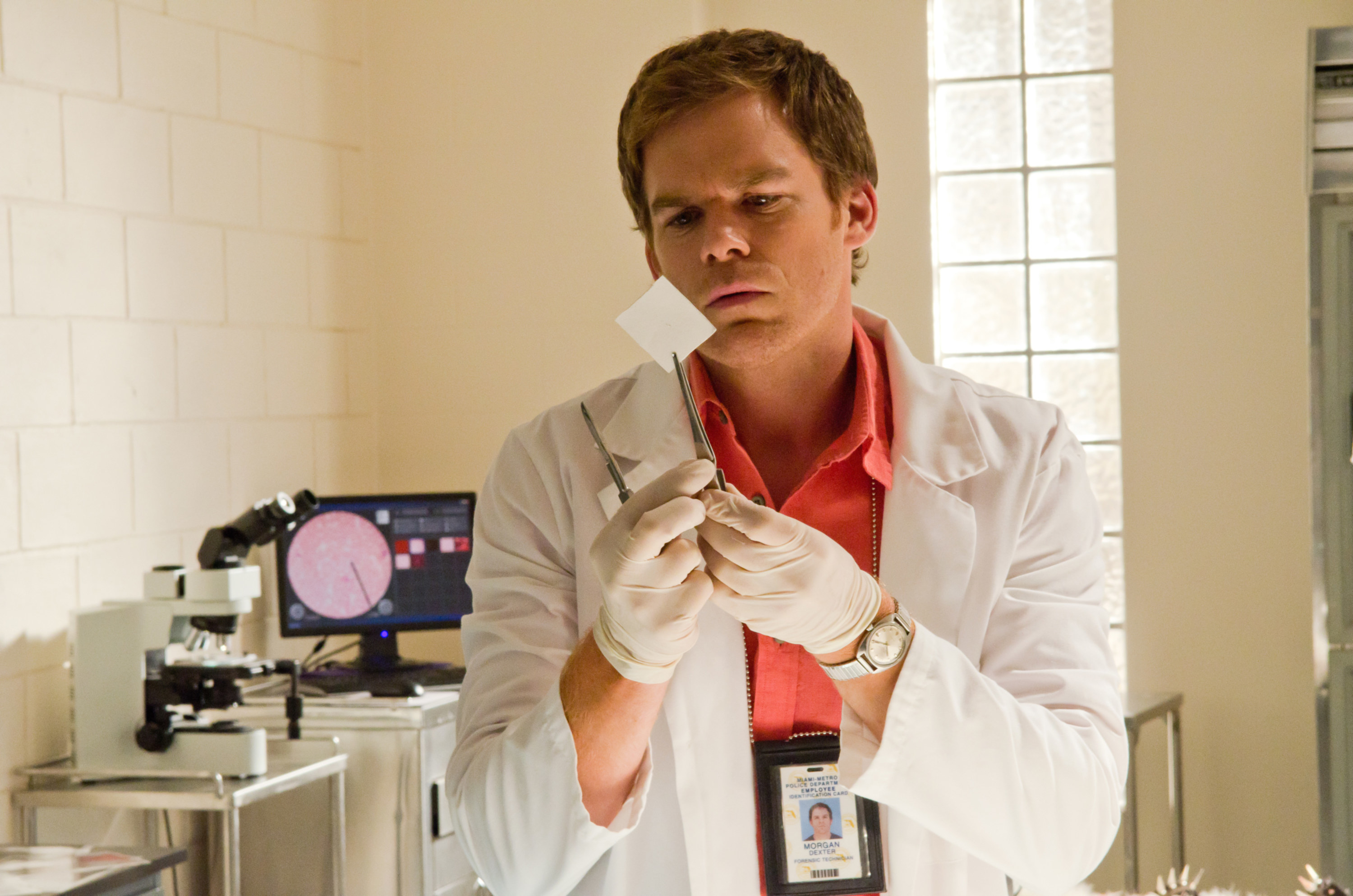 Michael C. Hall as Dexter shooting a laboratory scene on the show