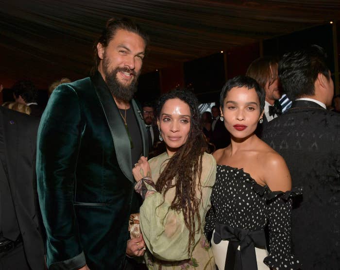Jason Momoa, Lisa Bonet, and Zoë Kravitz are photographed at the 2020 InStye and Warner Bros. Golden Globes after party