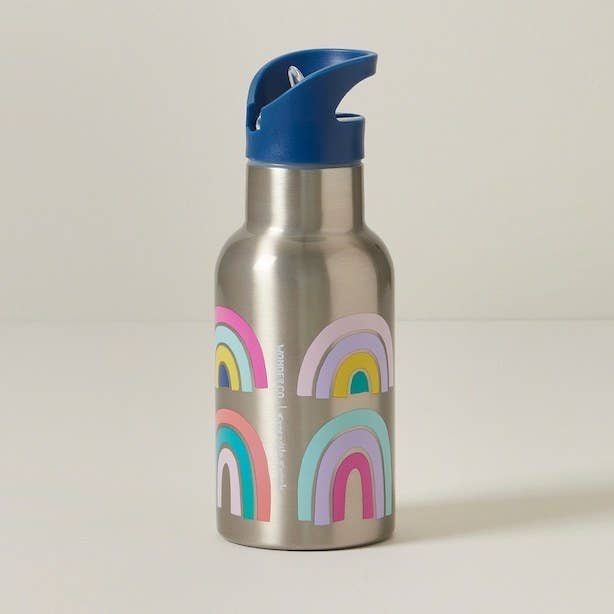 a water bottle patterned with cute rainbows