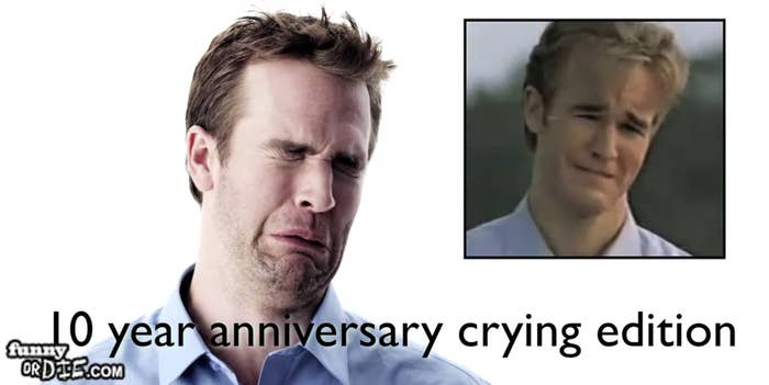 James making his Dawson crying face, labeled &quot;10 year anniversary crying edition&quot;