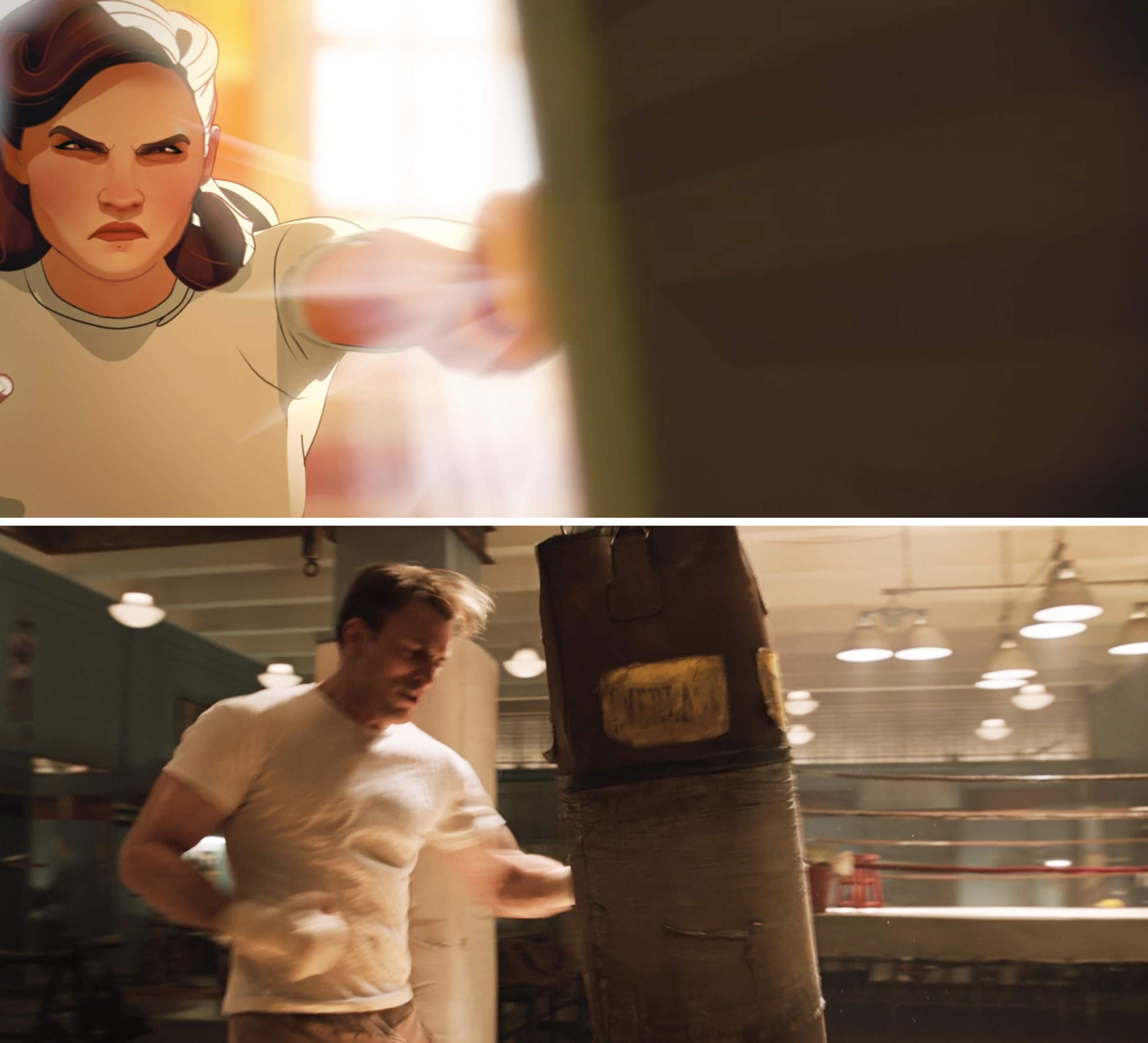 Peggy punching a bunching bag in a white shirt vs. Steve doing the same