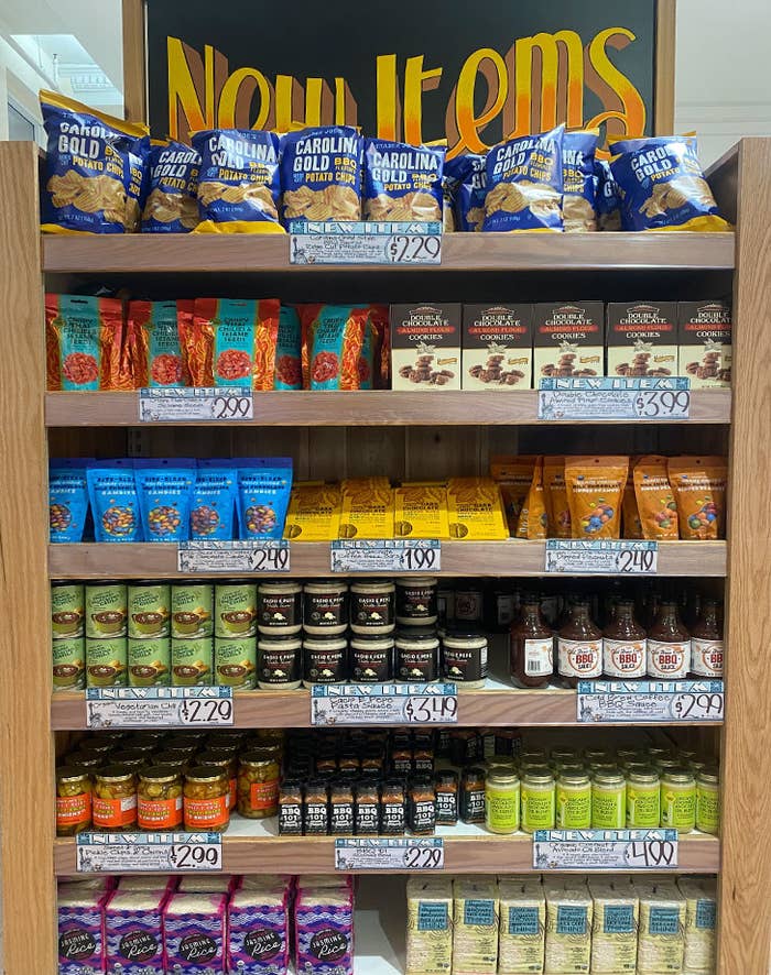 The shelf of new items at Trader Joe&#x27;s.