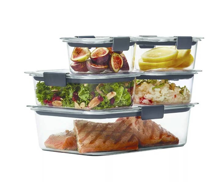 Food storage containers stacked with food inside