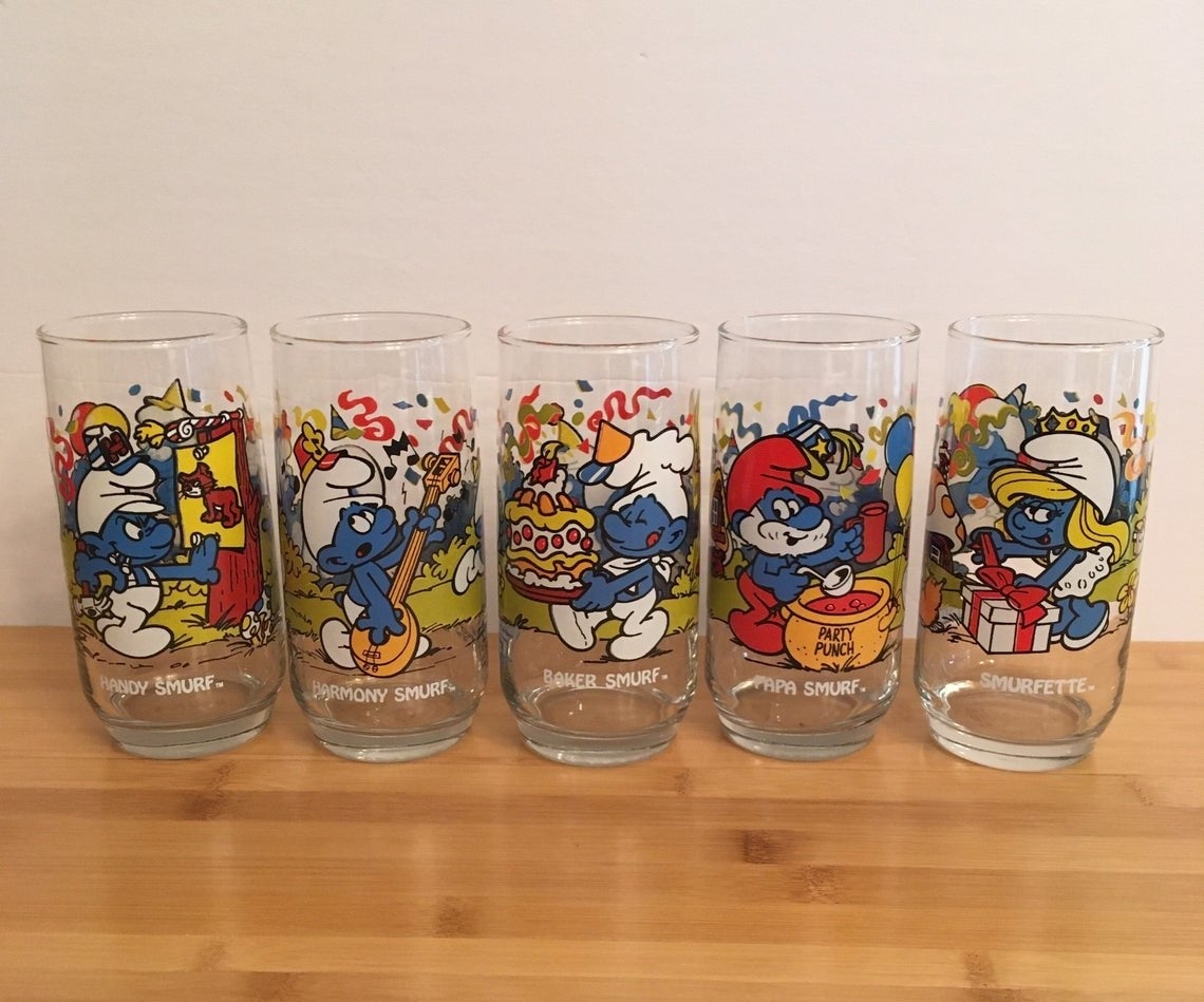 Five Smurf glasses