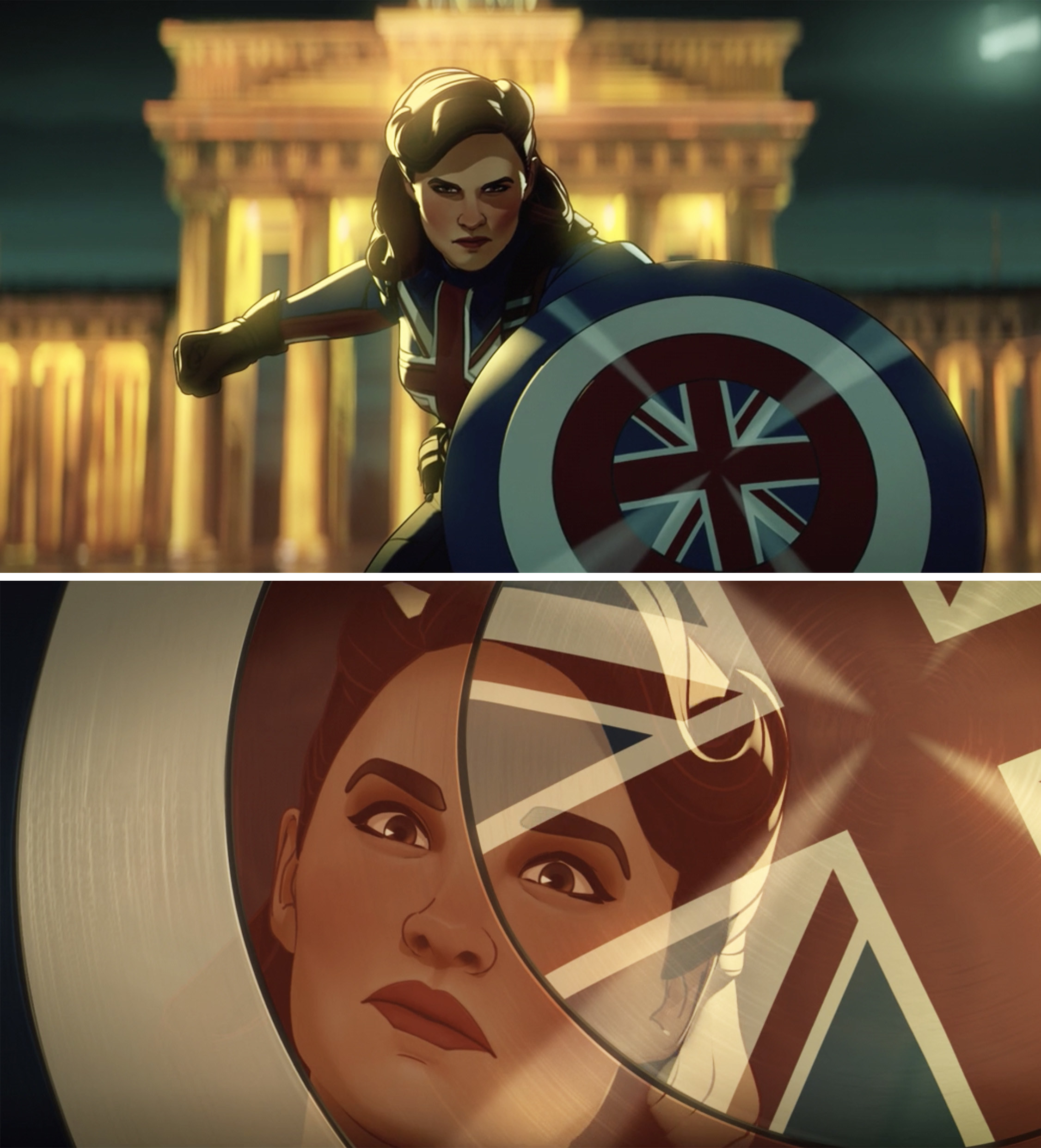 Peggy wielding her shield with the English flag on it