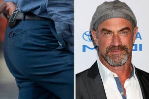 Closeup of Meloni's butt in work slacks with belt and lav microphone split with a closeup image of Meloni at a step-and-repeat wearing a button-down shirt and suit jacket with jaunty beret-style cap