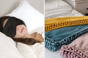 A model sleeping / A set of pom pom blankets