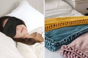 A model sleeping / A set of pom pom blankets