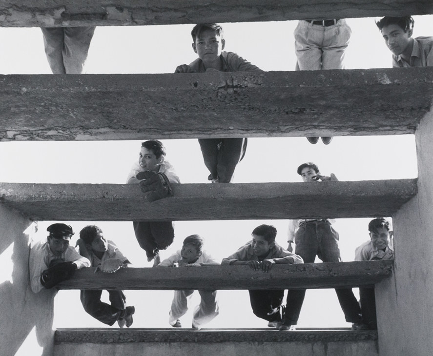 A group of young boys hanging on the rafters over an open roof