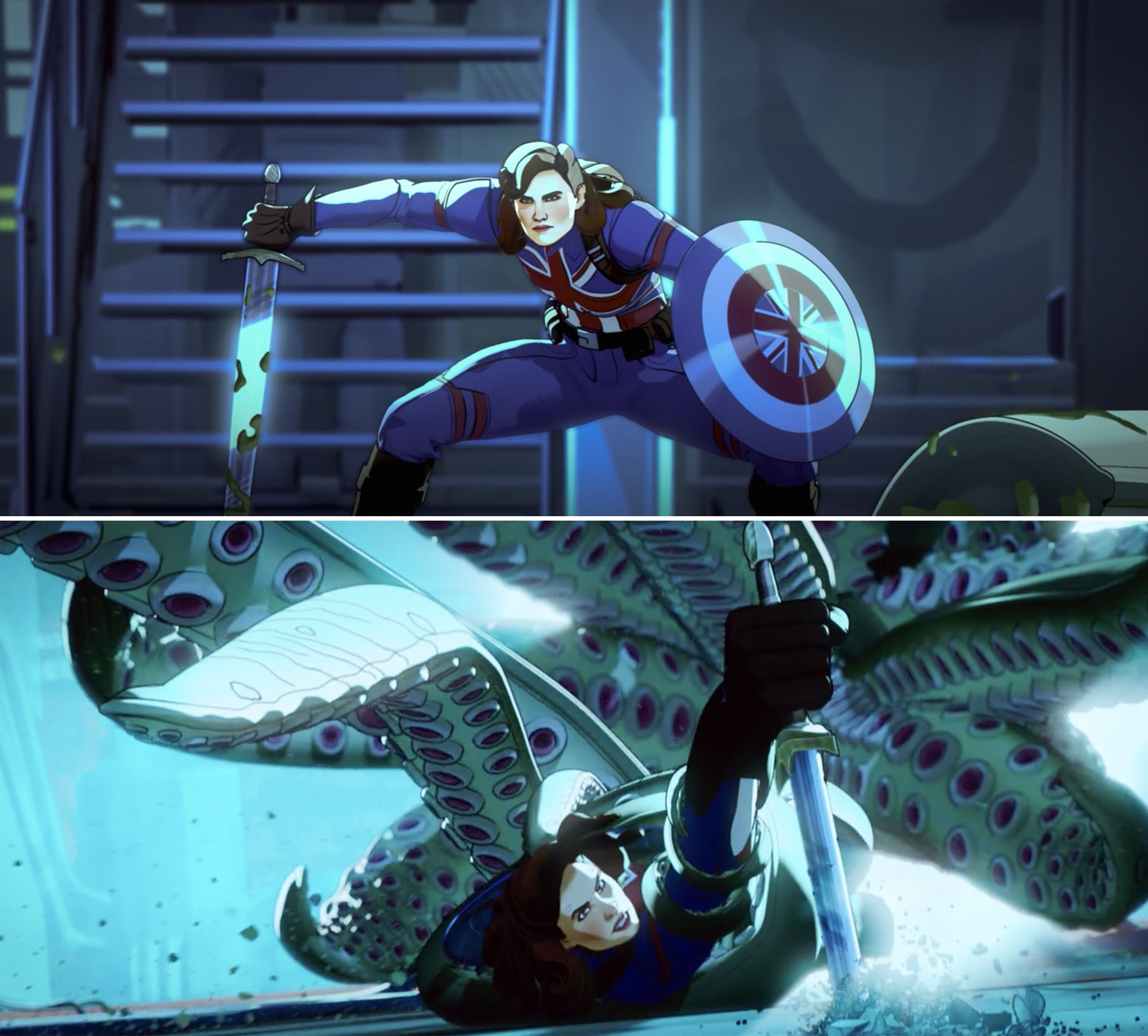 Peggy wielding a sword against a tentacle monster