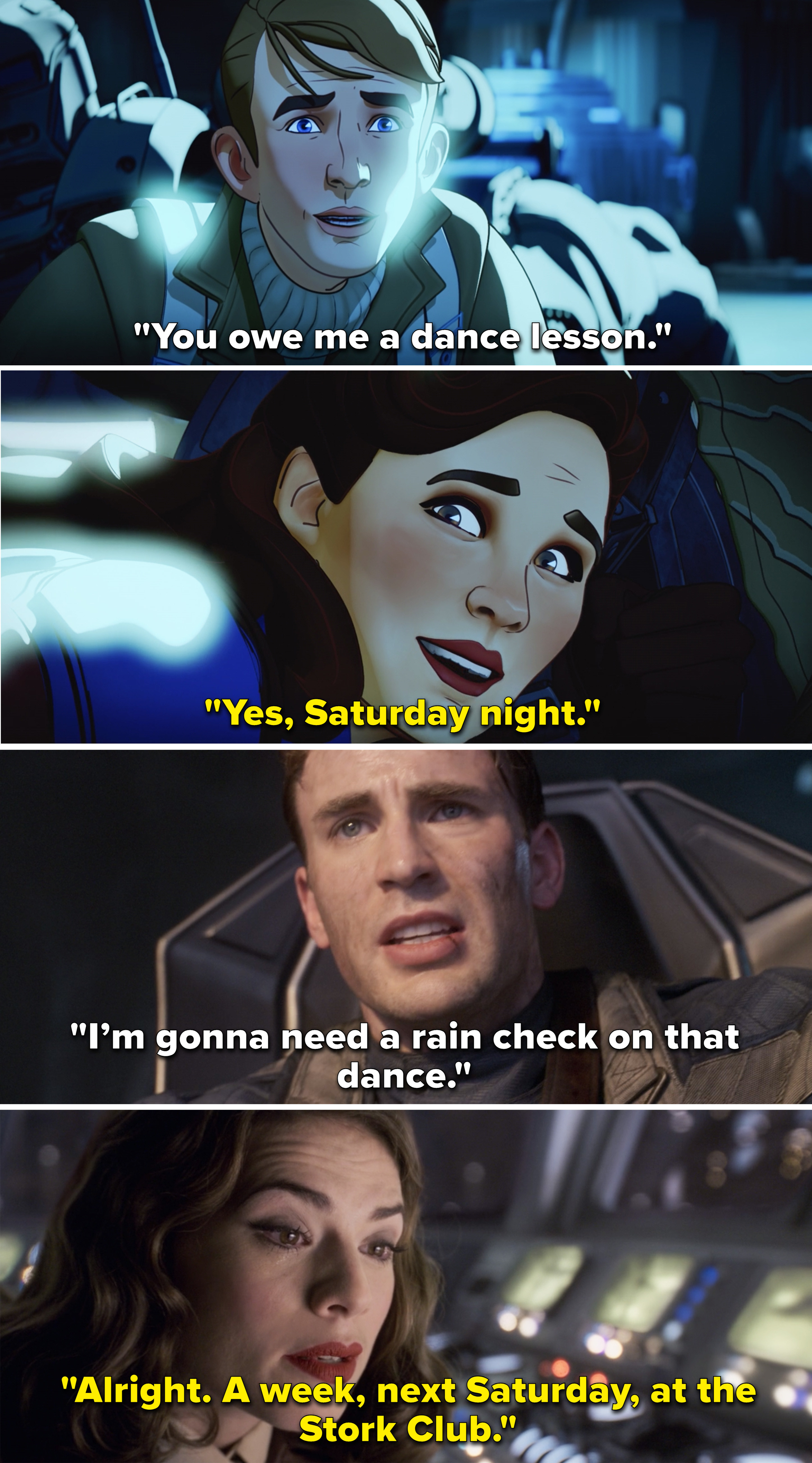 Steve telling Peggy he owes her a dance vs. Peggy telling Steve to meet her next Saturday for a dance