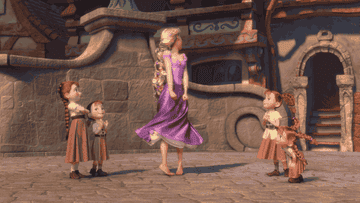 a gif of rapunzel from tangled twirling in a dress