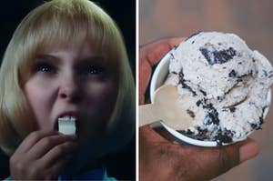 Violet is on the left holding gum with a cup of cookies and cream ice cream on the right