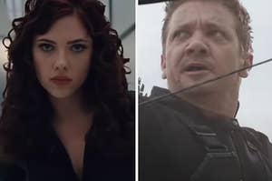 Natasha Romanoff is on the left with Clint shooting an arrow on the right