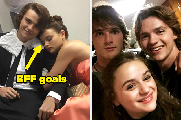Joey sleeping on Joel's shoulder in their prom outfits with an arrow saying BFF goals, and Joel, Joey, and Jacob taking a selfie