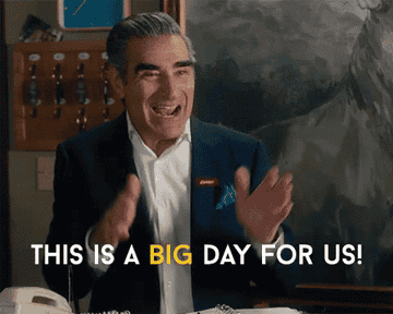 Eugene Levy holding his hands out and saying, &quot;This is a big day for us!&quot;