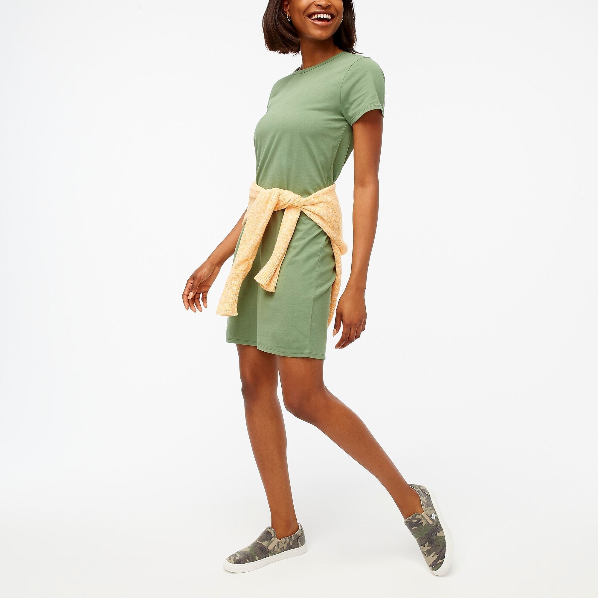 Model wearing the faded moss short-sleeve t-shirt dress