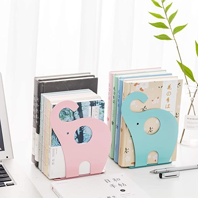 Baby pink and blue elephant shaped bookends