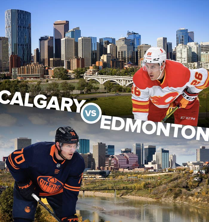 An Edmonton Oilers player and Calgary Flames player in front of images of their city skylines