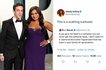BJ Novak and Mindy Kaling side by side with their twitter exchange about tupperware