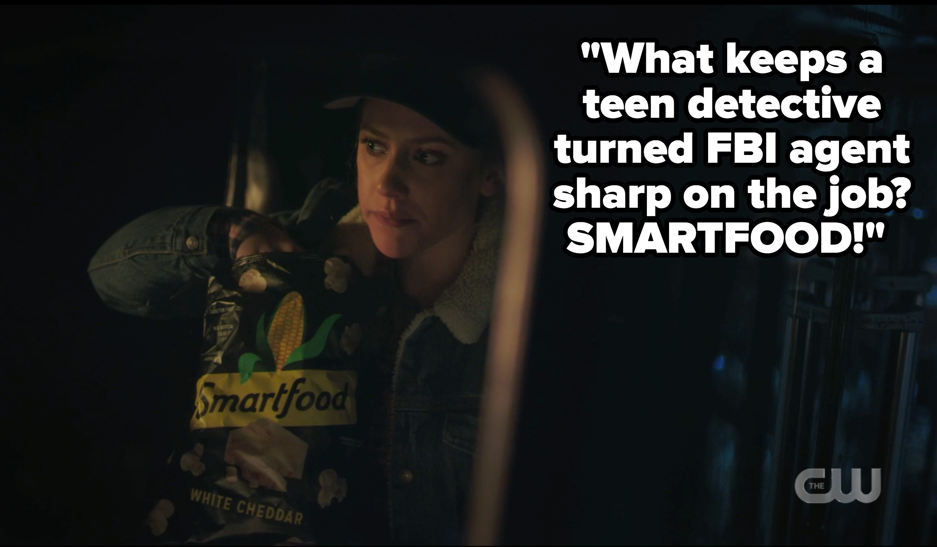 Betty eating smartfood with caption &quot;what keeps a teen detective turned FBI agent sharp on the job? Smartfood!&quot;