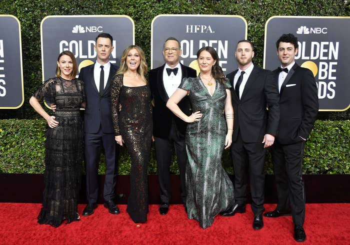 Samantha Bryant, Colin Hanks, Rita Wilson, Tom Hanks, Elizabeth Ann Hanks, Chet Hanks, and Truman Theodore Hanks are photographed on the red carpet at the Golden Globe Awards in 2020