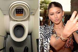 an airplane toilet on the left and zendaya taking a selfie on the right