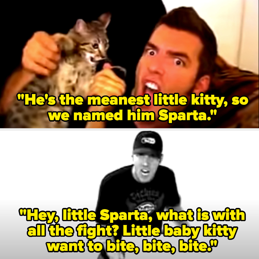 man singing &quot;he&#x27;s the meanest little kitty, so we named him Sparta. Hey little Sparta, what is with all the fight? Little baby kitty want to bite, bite, bite&quot; with his kitten as he dances