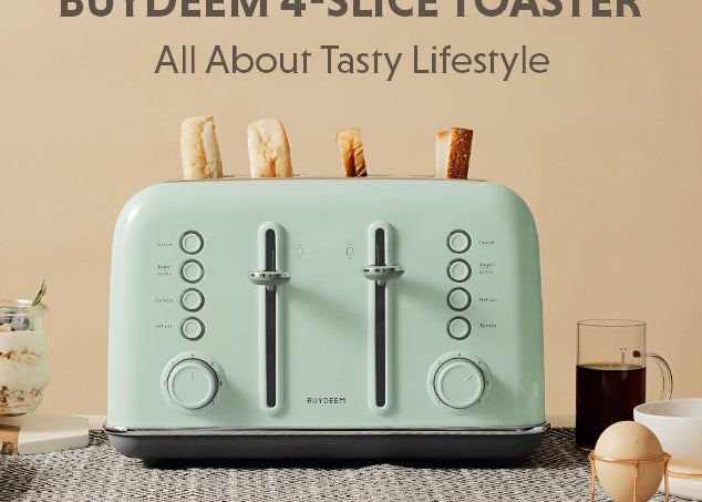 a four-slice toaster on a counter toasting four slices of bread