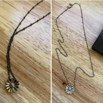 a reviewer's necklace so tarnished it's almost black and then clean silver