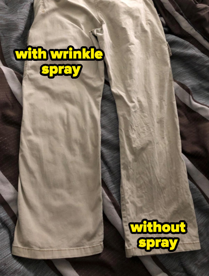 reviewer&#x27;s pants with one side less wrinkly because of the spray, and the other side super wrinkly