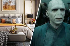A queen size bed sits below a painting and next to a small nightstand with a lamp on it. And a close up Lord Voldemort as he walks towards Hogwarts