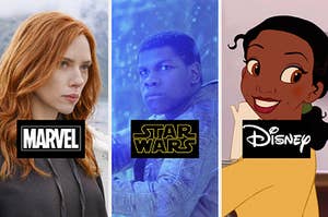 Black Widow, Finn, and Tiana from the different Disney worlds side by side