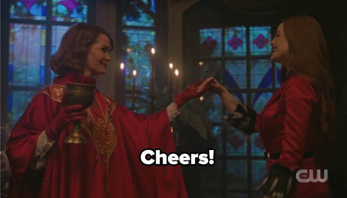 Penelope and Cheryl with the caption &quot;Cheers!&quot;