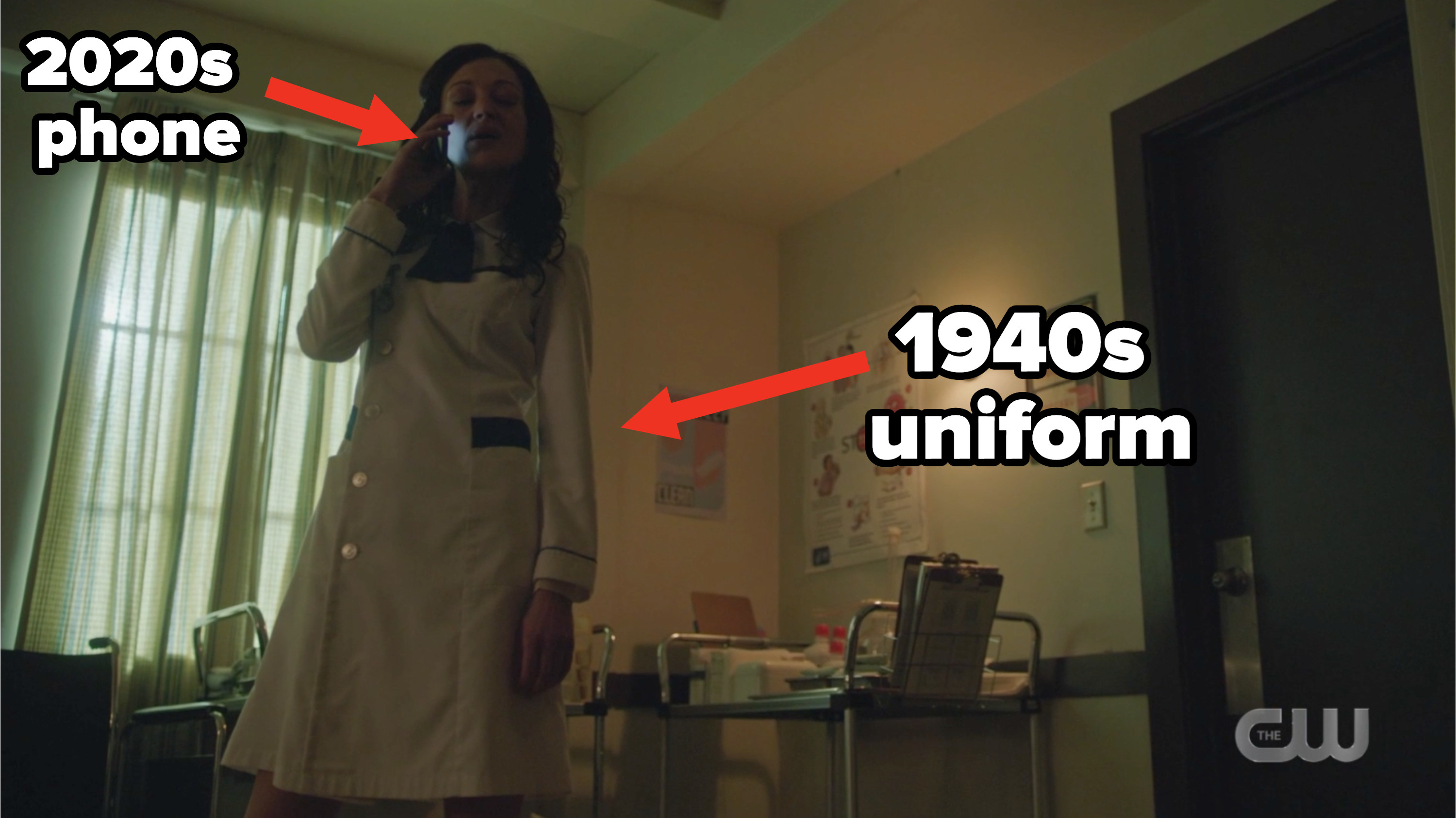 Darla with the caption pointing to her 2020s phone and her 1940s uniform