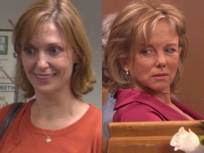 Left side: Pam&#x27;s mom from Season smiling 1, Right side: Pam&#x27;s mom from later seasons looking behind her