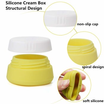 A yellow container with a model squeezing it showing the flexibility 