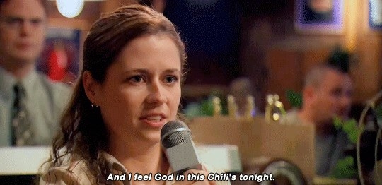 Close-up of Pam speaking into a microphone. Caption: &quot;And I feel God in this Chili&#x27;s tonight.&quot;
