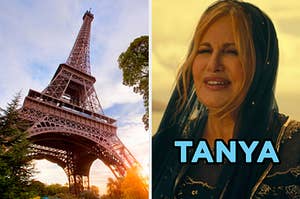 On the left, looking up at the Eiffel Tower at sunset, and on the right, Jennifer Coolidge as Tanya on "The White Lotus"