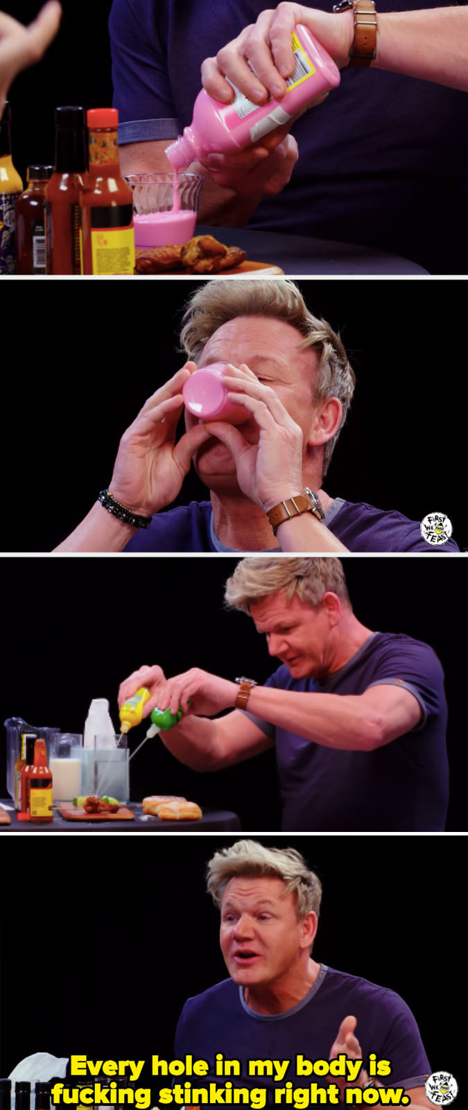 Gordon Ramsay chugging Pepto Bismol and pouring lemon and lime juice over wings to make it through the interview