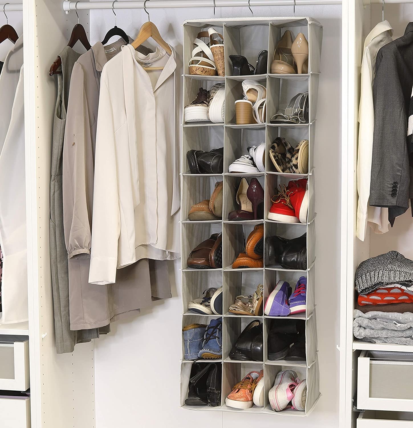 A large 24-compartment hanging shoe rack installed in a closet
