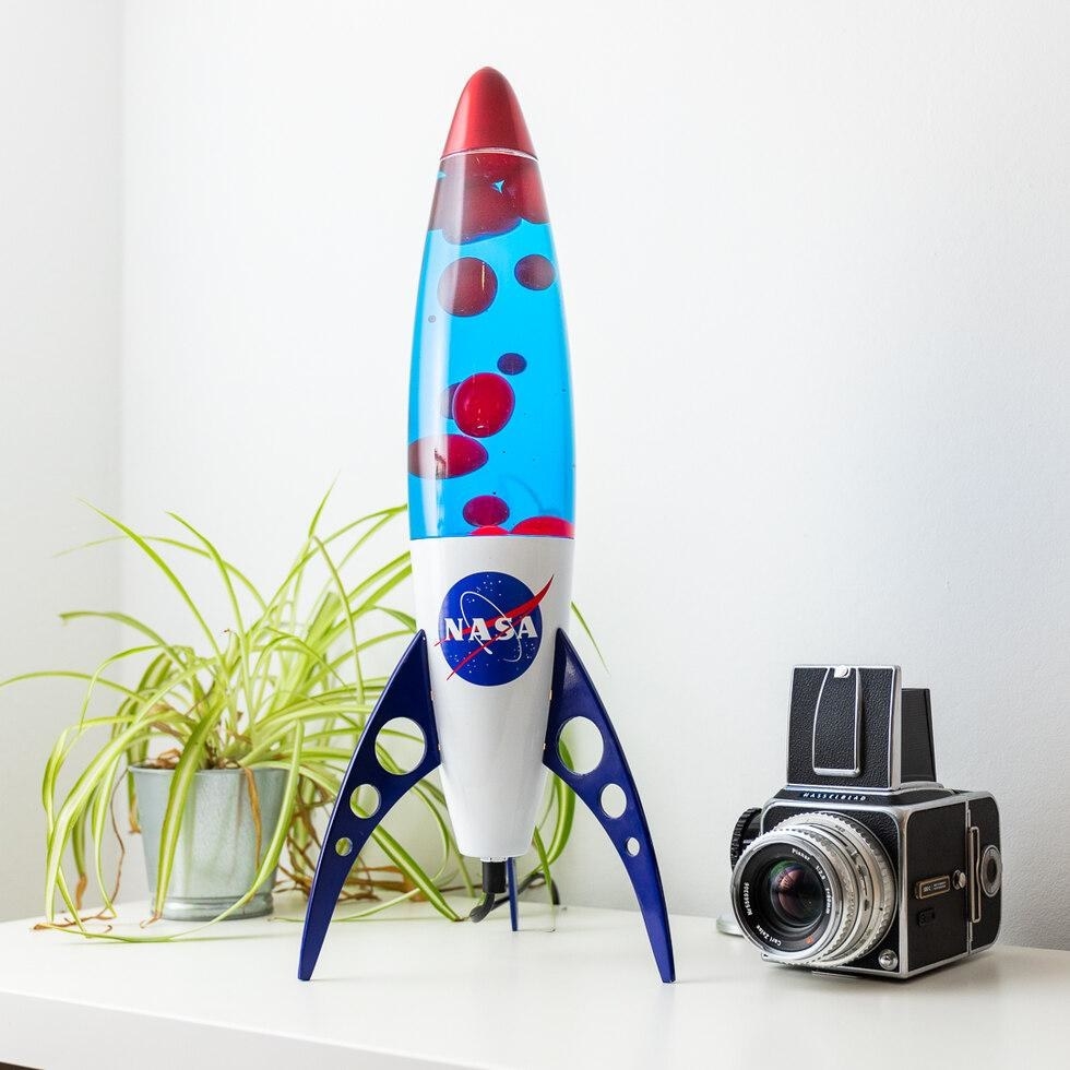 the lava lamp space ship with the nasa logo on it