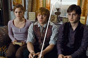 Hermione sits with a book in her lap, Ron sits while holding a lighter, and Harry is looking confusedly at someone off screen