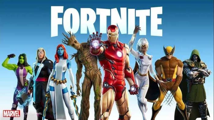 Fortnite poster featuring Marvel characters like Iron Man, Storm, and Groot