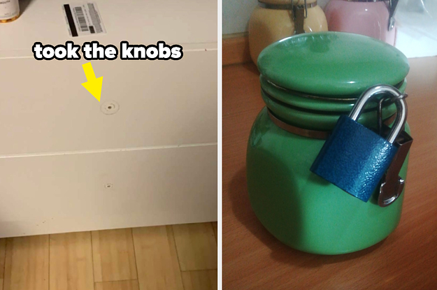 a dressed without knobs and a coffee pot with a locked padlock