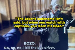 Heath Ledger as the Joker in "The Dark Knight" robbing a bank