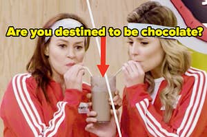 Mamrie Hart and Grace Helbig wear matching track suit while sipping from a single chocolate shake