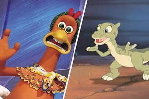Ducky from the Land Before Time smiling at Ginger from Chicken Run