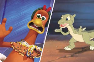 Ducky from the Land Before Time smiling at Ginger from Chicken Run
