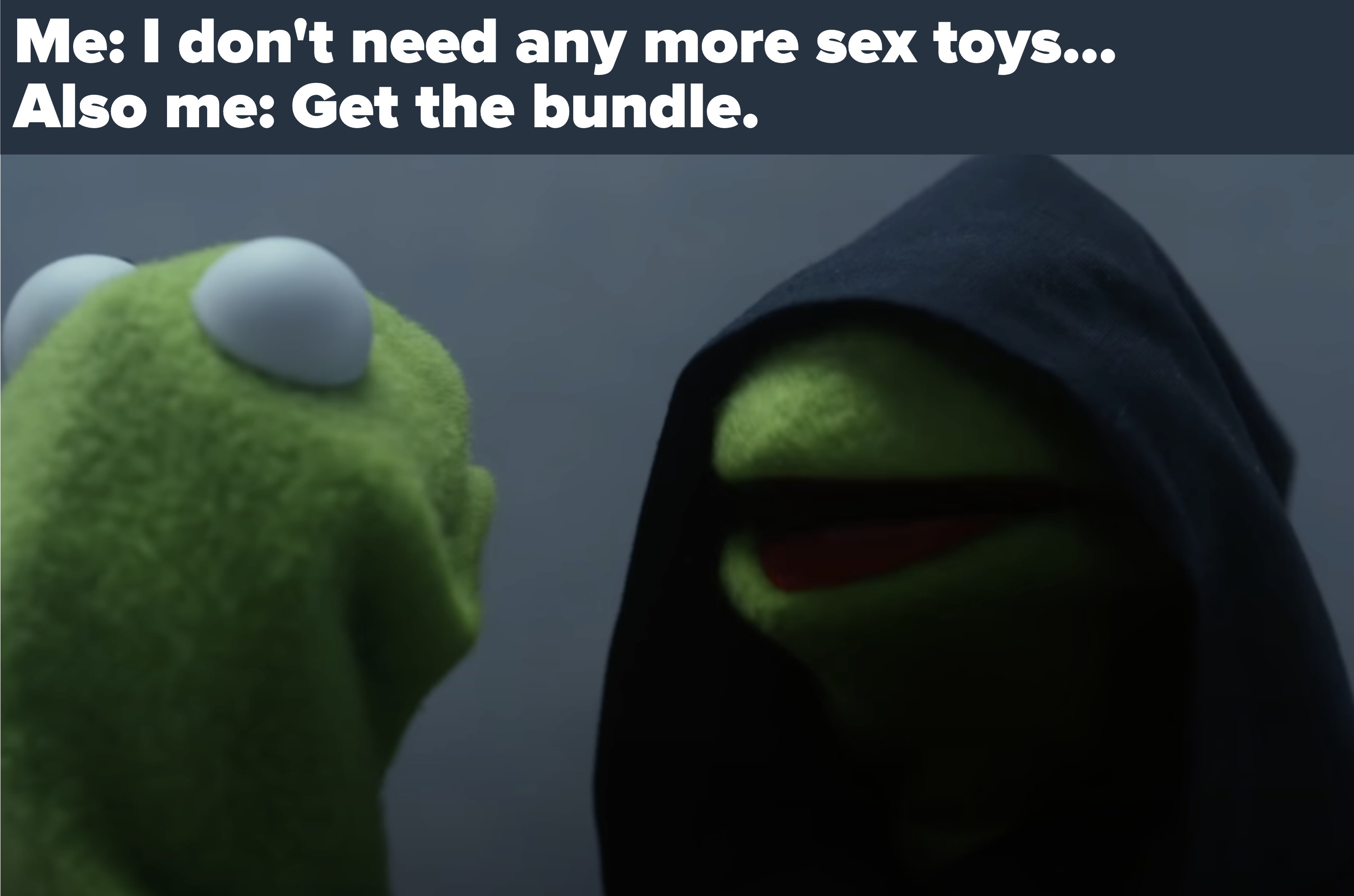 Kermit telling Dark Kermit he doesn&#x27;t need any more sex toys and Dark Kermit telling him to get the bundle